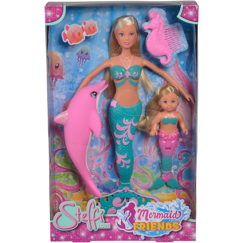 Куклы Штеффи и Еви - русалочки с дельфином, 29 и 12 см.  